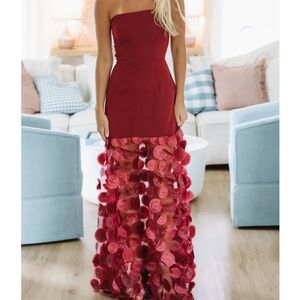 Elegant Red Strapless Dress with Floral Accents